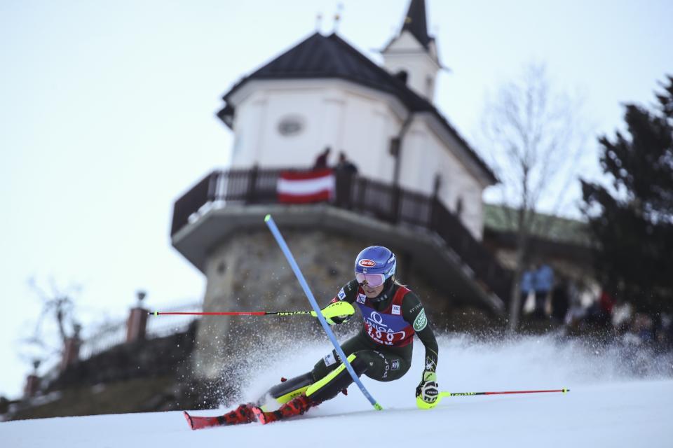 United States' Mikaela Shiffrin speeds down the course during an alpine ski, women's World Cup slalom in Lienz, Austria, Sunday Dec. 29, 2019. (AP Photo/Marco Trovati)