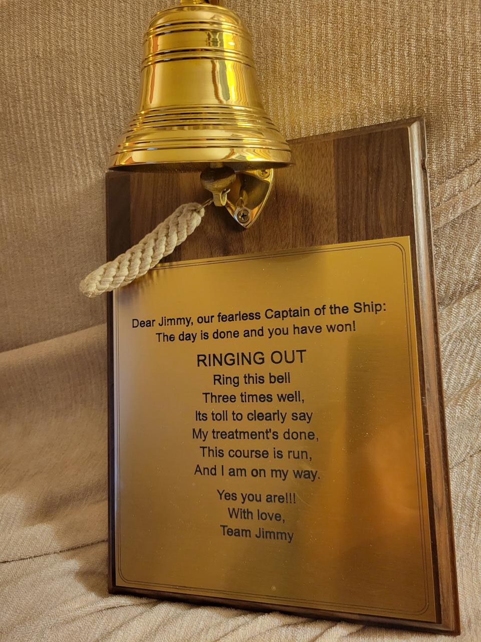 Jim Evans' family and friends gave him his own victory bell to ring when he finished treatment.