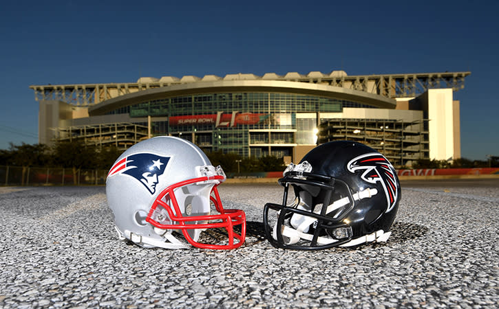 Jan 31, 2017; Houston, TX, USA; General overall view of New England Patriots and Atlanta Falcons helmets at NRG Stadium prior to Super Bowl LI on Feb 5, 2017. Mandatory Credit: Kirby Lee-USA TODAY Sports