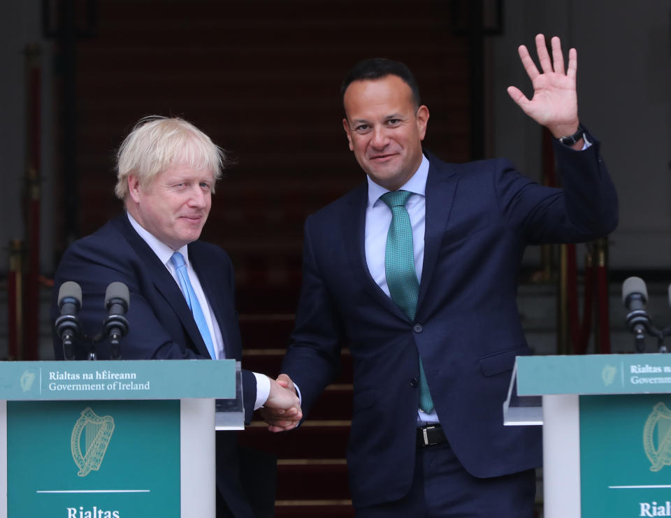 EMBARGOED TO 0001 THURSDAY DECEMBER 26 File photo dated 9/9/2019 of Leo Varadkar meeting Boris Johnson in Government Buildings in Dublin. Ireland�s premier has said he will not dismiss the idea of building a bridge between Northern Ireland and Scotland, but insisted the UK must pay for it.