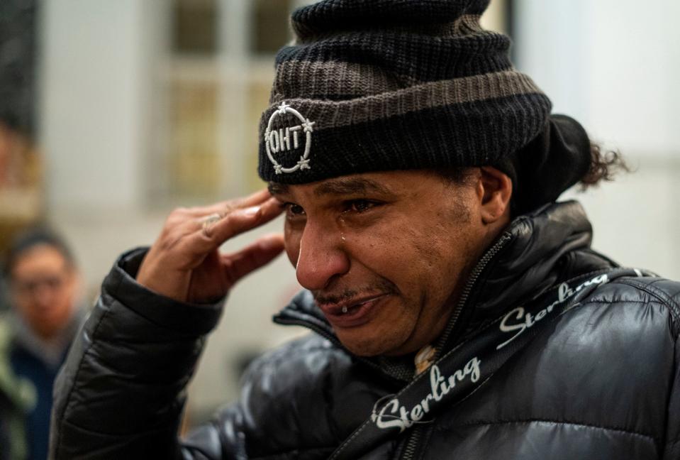 Samuel Lewis, 53, of Detroit gets emotional while talking about his child's mother Alanna Wilkins who died in September 2022 while homeless following the annual Pope Francis Center Homeless Persons' Memorial on Wednesday, December 21, 2022, at Ss. Peter and Paul Jesuit Church in Downtown Detroit. The ceremony was held in honor of the lives of Detroiters who died while homeless this year. The service included a reading of the names of people experiencing homelessness who passed in 2022.