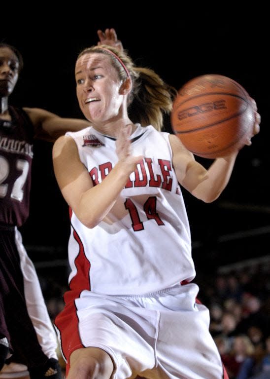 In this Journal Star file photo from 2007, Rachel Merriman of the Bradley Braves drives to the hoop against SIU at Robertson Field House.