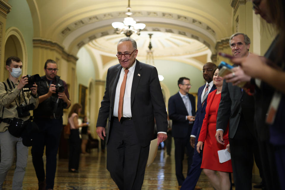 Senate Majority Leader Chuck Schumer arrives at a news briefing after the weekly Senate Democratic Policy Luncheon at the U.S. Capitol on June 22, 2021, in Washington, D.C. / Credit: Alex Wong / Getty Images