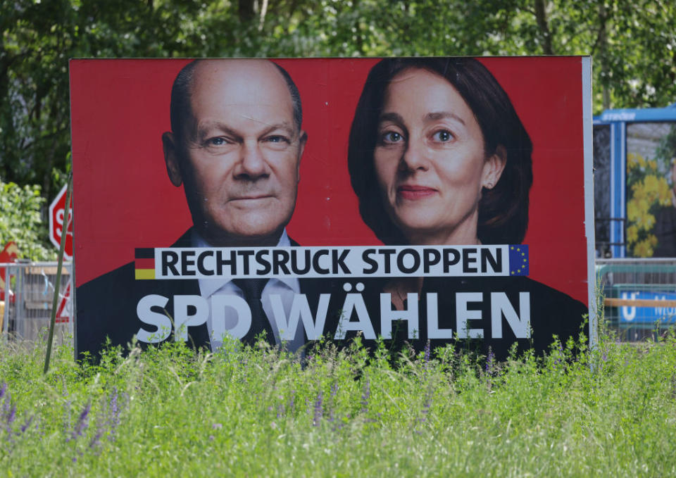 A campaign poster of the German Social Democrats (SPD) shows German Chancellor Olaf Scholz and SPD member of the European Parliament Katarina Barley on May 6, 2024 in Berlin, Germany.<span class="copyright">Sean Gallup—Getty Images</span>