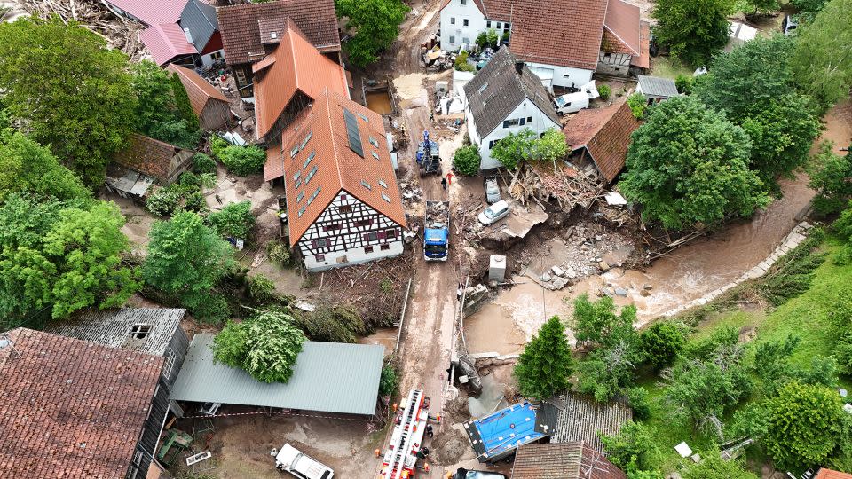 Aerial view of a house destroyed by recent flooding in Rudersberg, Germany on Tuesday. - Thomas Niedermueller/Getty Images