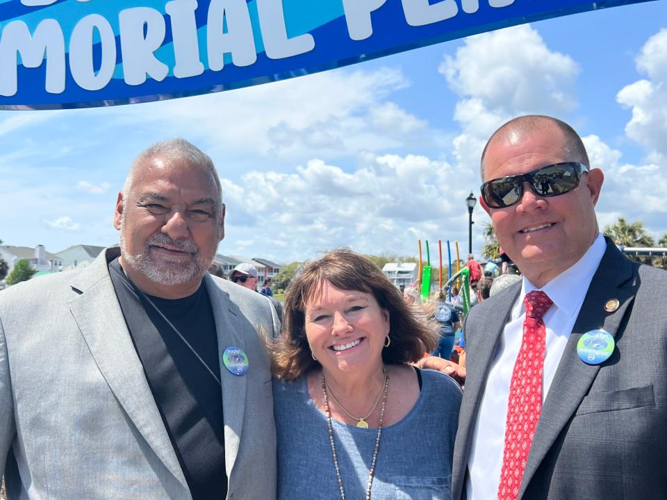 NASCAR legend Danny "Chocolate Myers and Caron Myers thank Rep. Charlie Miller for helping secure funding for the Brandy Myers Memorial Playground at the ribbon cutting ceremony on Wednesday, April 10, 2024.