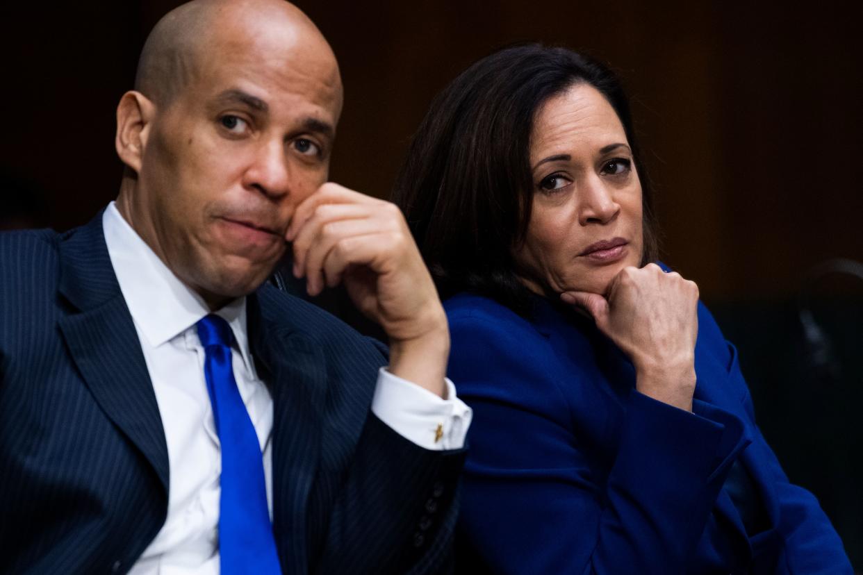 Senators Cory Booker, D-N.J., and Kamala Harris, D-Calif., attend the Senate Judiciary Committee hearing titled "Police Use of Force and Community Relations", in Dirksen Senate Office Building in Washington, DC, on Tuesday, June 16, 2020. (Tom Williams/AFP via Getty Images)