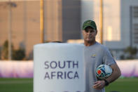 South Africa's coach Rassie Erasmus takes part in a training session in Urayasu, outside Tokyo, Japan, Wednesday, Oct. 30, 2019. The Springboks will play England in the Rugby World Cup final on Saturday Nov. 2. in Yokohama. (AP Photo/Christophe Ena)