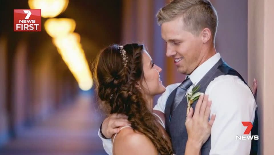 Knee braces helped Sam to stand during his wedding to fellow BMX rider Alise. Source: 7 News