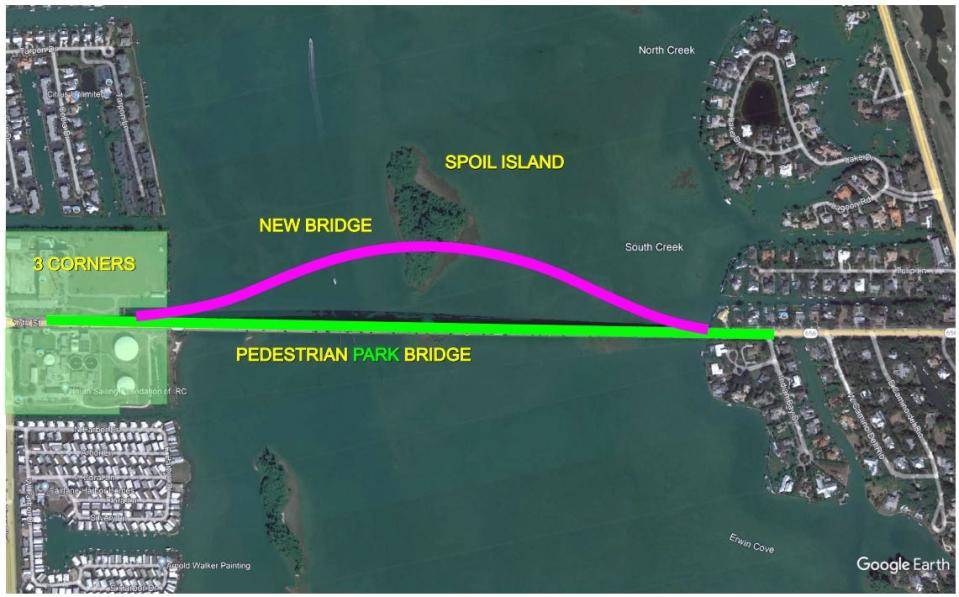 Vero Beach architect Richard Bialosky used this Google Earth image in July 2023 to propose a new 17th Street Bridge north of the existing bridge. The old bridge would be repurposed into the Alma Lee Loy Linear Park, which would complement development at the three corners Vero Beach owns along Indian River Boulevard.
