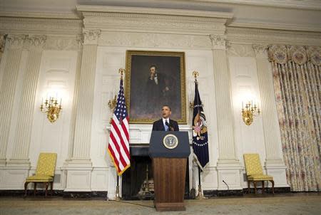 U.S. President Barack Obama makes a statement about an agreement reached with Iran on its nuclear program at the White House in Washington November 23, 2013. REUTERS/Joshua Roberts