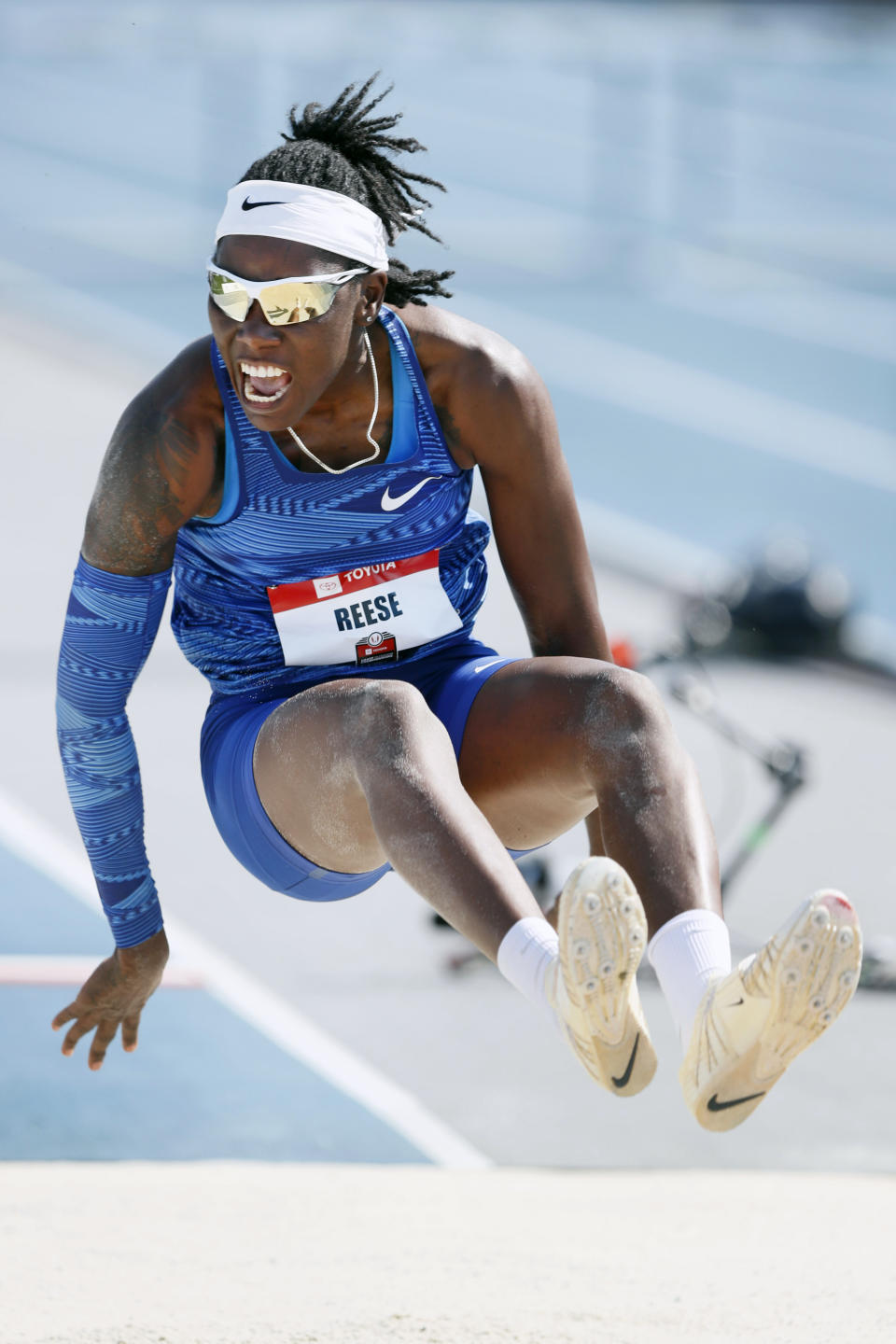 Brittney Reese leaps to the pit during the women's long jump at the U.S. Championships athletics meet, Saturday, July 27, 2019, in Des Moines, Iowa. (AP Photo/Charlie Neibergall)