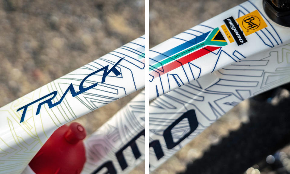 Megamo Track 120mm carbon XC Marathon mountain bike, Buff-Megamo Team Cape Epic Limited Edition replica, graphics detail