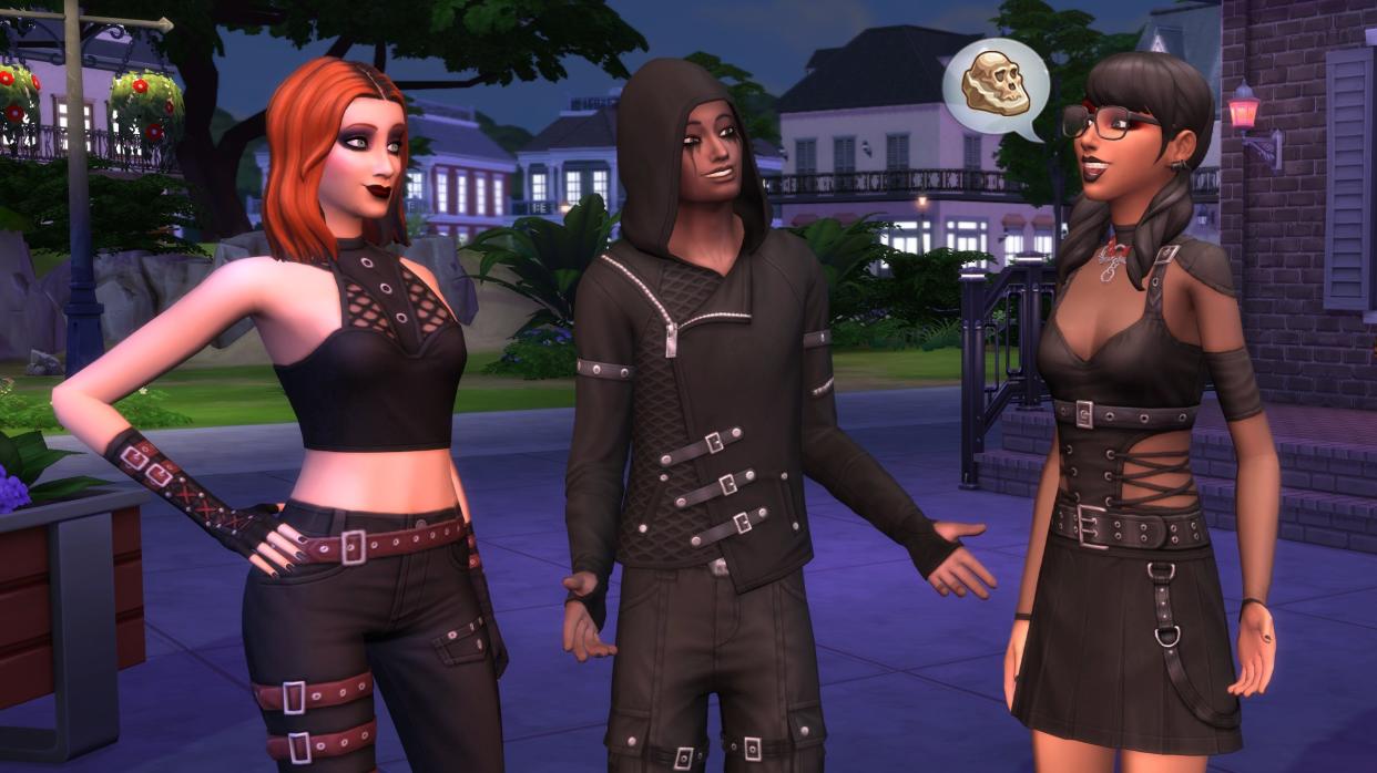  The Sims 4 - Three sims in black clothes and leather stand together chatting. 