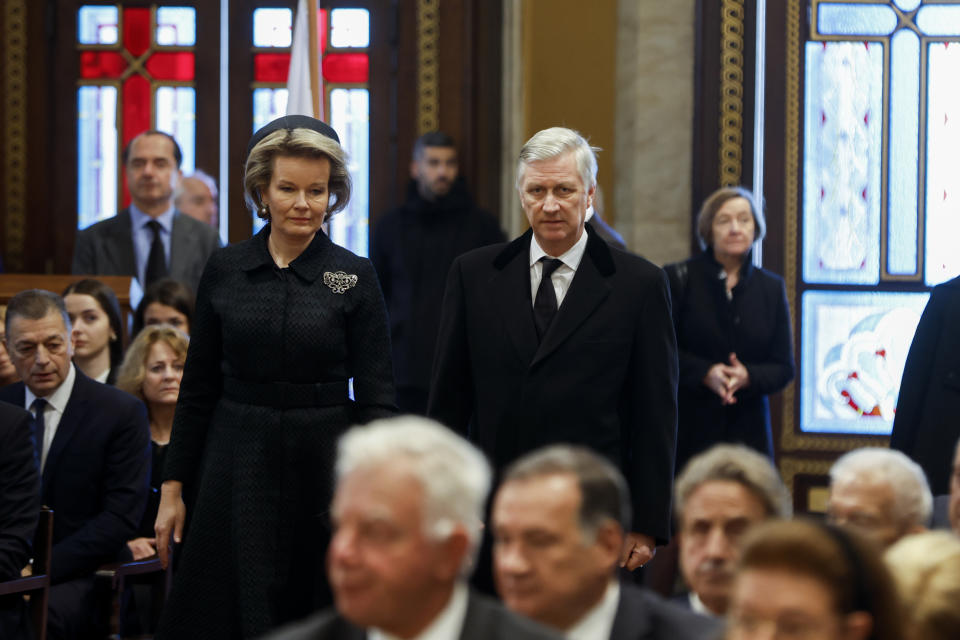 Belgium's King Philippe and Queen Mathilde attend the funeral service of former King of Greece Constantine II at Metropolitan Cathedral in Athens, Monday, Jan. 16, 2023. Constantine died in a hospital late Tuesday at the age of 82 as Greece's monarchy was definitively abolished in a referendum in December 1974. (Stoyan Nenov/Pool via AP)