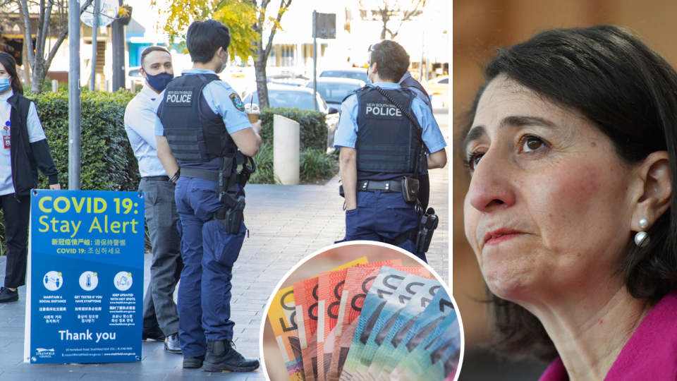 The police speak to members of the community next to a COVID-19 public health sign. Australian money fanned out and NSW Premier Gladys Berejiklian.