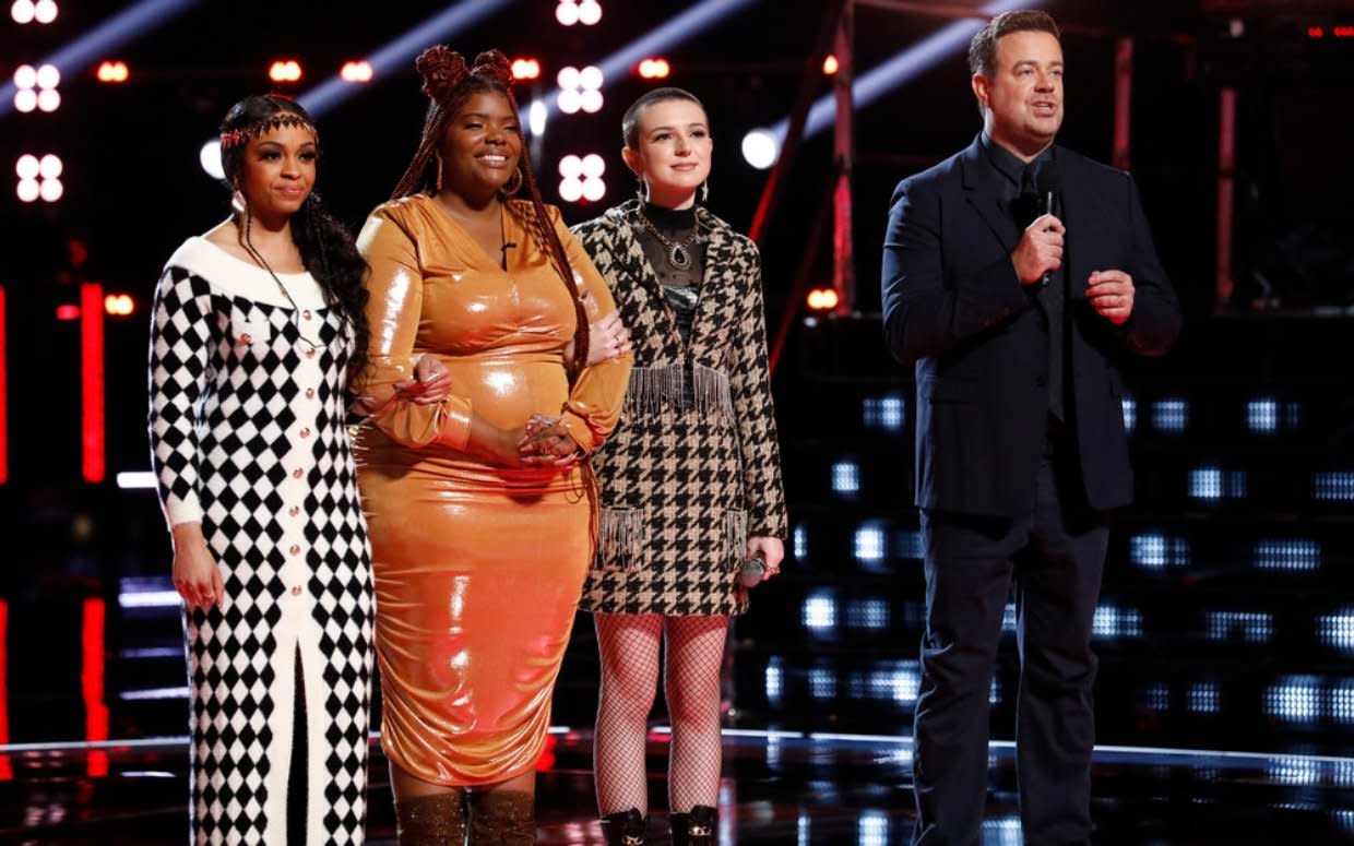 'The Voice' Carson Daly announces that Shadale, Gymani, and Ryleigh Plank are in this week's bottom three. (Photo: Trae Patton/NBC)