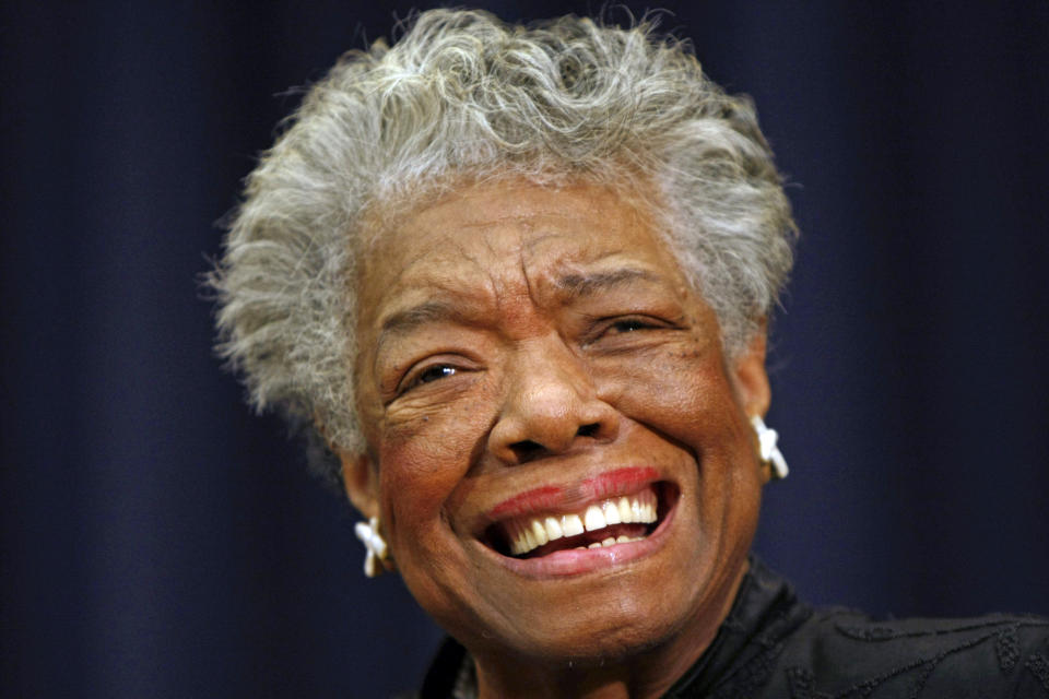 FILE - In this Nov. 21, 2008, file photo, poet Maya Angelou smiles at an event in Washington. Angelou, who died in 2014, is among several inductees for the next class of the California Hall of Fame. Gov. Gavin Newsom and first partner Jennifer Siebel Newsom announced the inductees on Wednesday, Nov. 13, 2019. (AP Photo/Gerald Herbert, File)