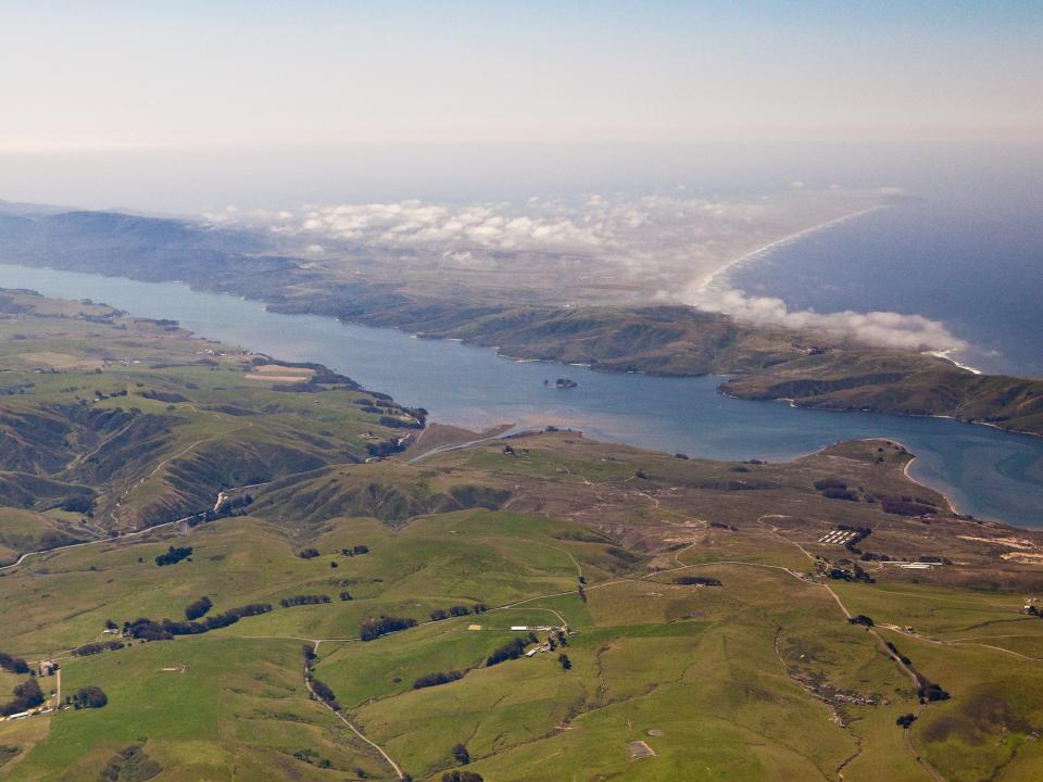 An aerial view of Tomales Bay, Northern California.