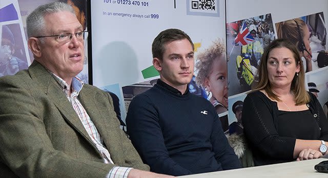 Valerie Graves's children Tim and Jemima and Valerie's sister's partner Nigel Acres speak during a press conference (Sussex Police/PA)