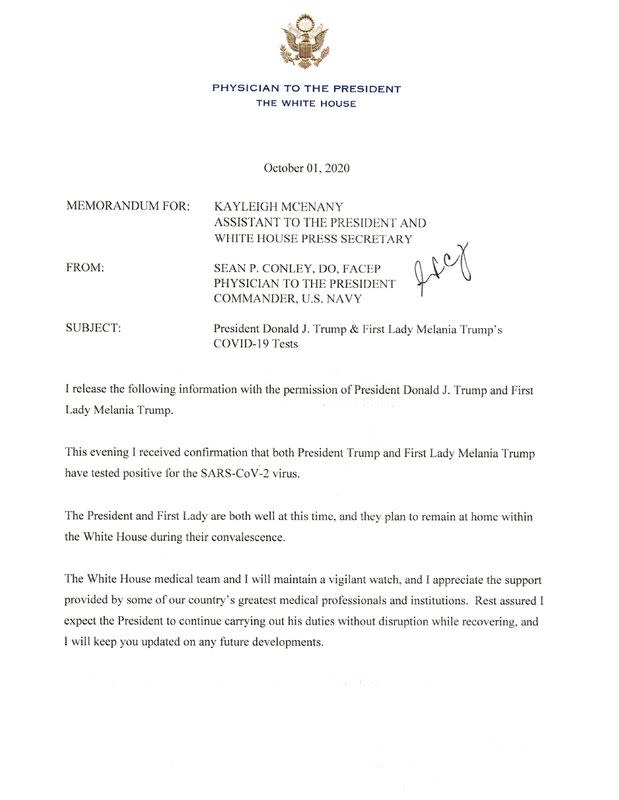 A letter from the White House physician announces that U.S. President Donald Trump has tested positive for COVID-19 in Washington