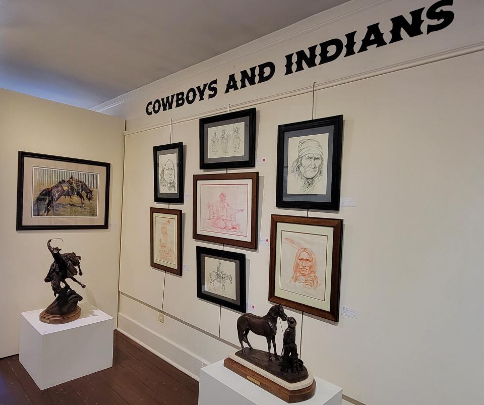 Sculptures, paintings and drawings by the late Harold T. Holden are displayed at JRB Art at the Elms gallery in Oklahoma City's Paseo Arts District Feb. 1, 2024. The exhibit "Cowboys and Indians," featuring works by Oklahoma artists Holden, Larsen and Jack Fowler, is on view through Feb. 29. Holden died Dec. 6, 2023, at the age of 83.