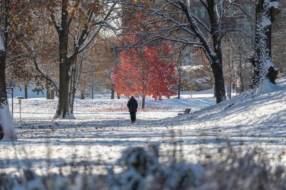 A blanket of snow covers Hyde Park after Kansas City experienced its first snowfall of the season on Sunday, Nov. 26, 2023.