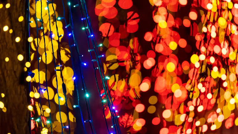 Christmas lights shine around the Conference Center in Salt Lake City following the First Presidency’s Christmas Devotional on Dec. 4, 2022. Plan ahead if you are going to hang Christmas lights this year, experts say.
