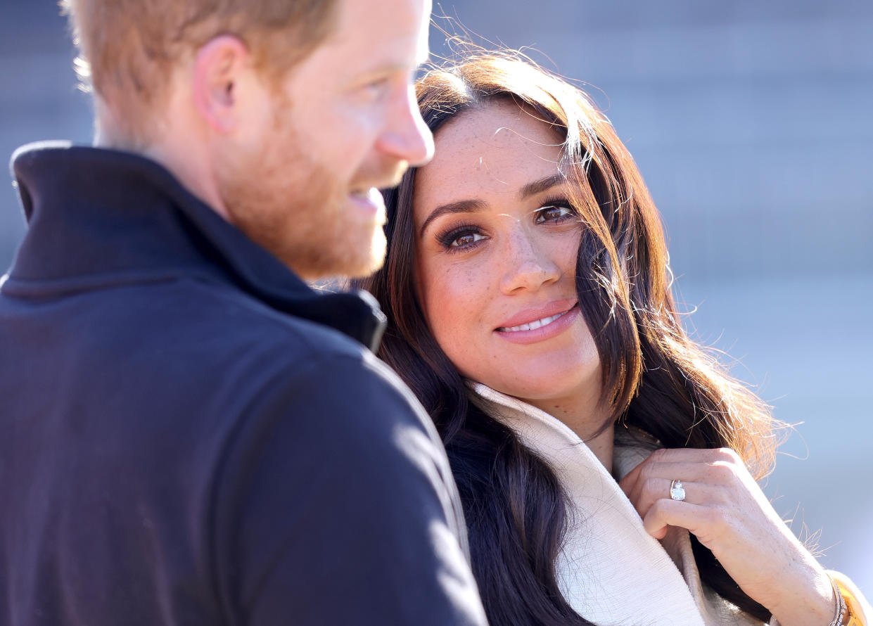 Prince Harry, Duke of Sussex and Meghan, Duchess of Sussex attend the Athletics Competition during day two of the Invictus Games The Hague 2020 at Zuiderpark on April 17, 2022 in The Hague, Netherlands. (Photo by Chris Jackson/Getty Images for the Invictus Games Foundation)