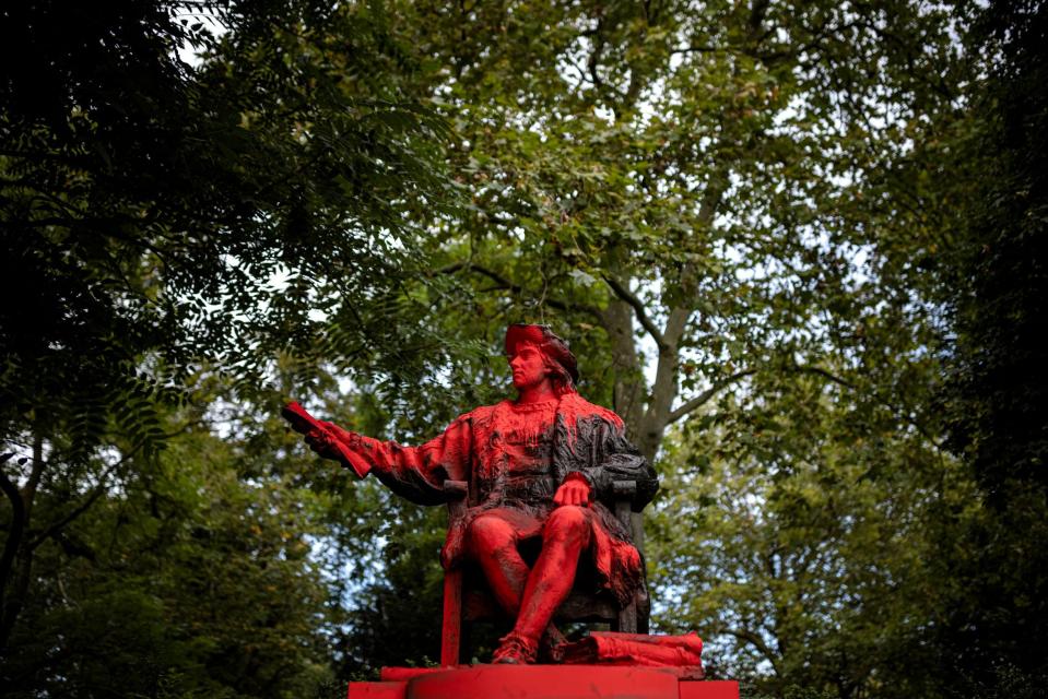 LONDON, ENGLAND - OCTOBER 12: Red paint covers a statue of Christopher Columbus in Belgrave Square Gardens on October 12, 2021 in London, England. The defacing of the statue appears to coincide with the Columbus Day holiday, which many countries in the Americas celebrate on October 12. The holiday is observed on second Monday in October in the United States. (Photo by Rob Pinney/Getty Images)
