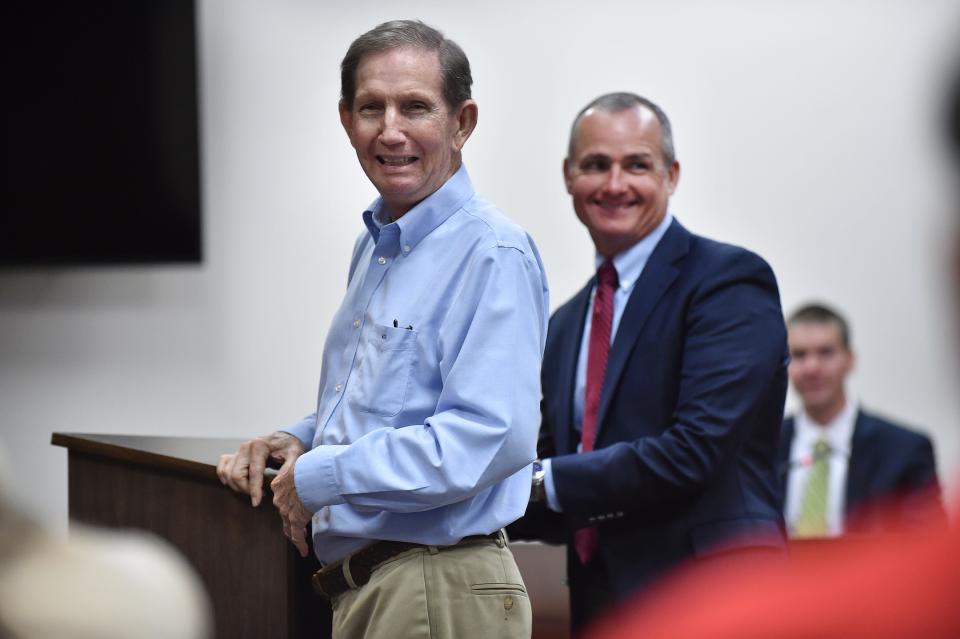 Craig Fletcher, former Mayor of Vero Beach, along with his attorney Andy Metcalf, stand before Judge Cynthia Cox while in veterans court on Tuesday, July 23, 2019, at the Indian River County Courthouse in Vero Beach. 