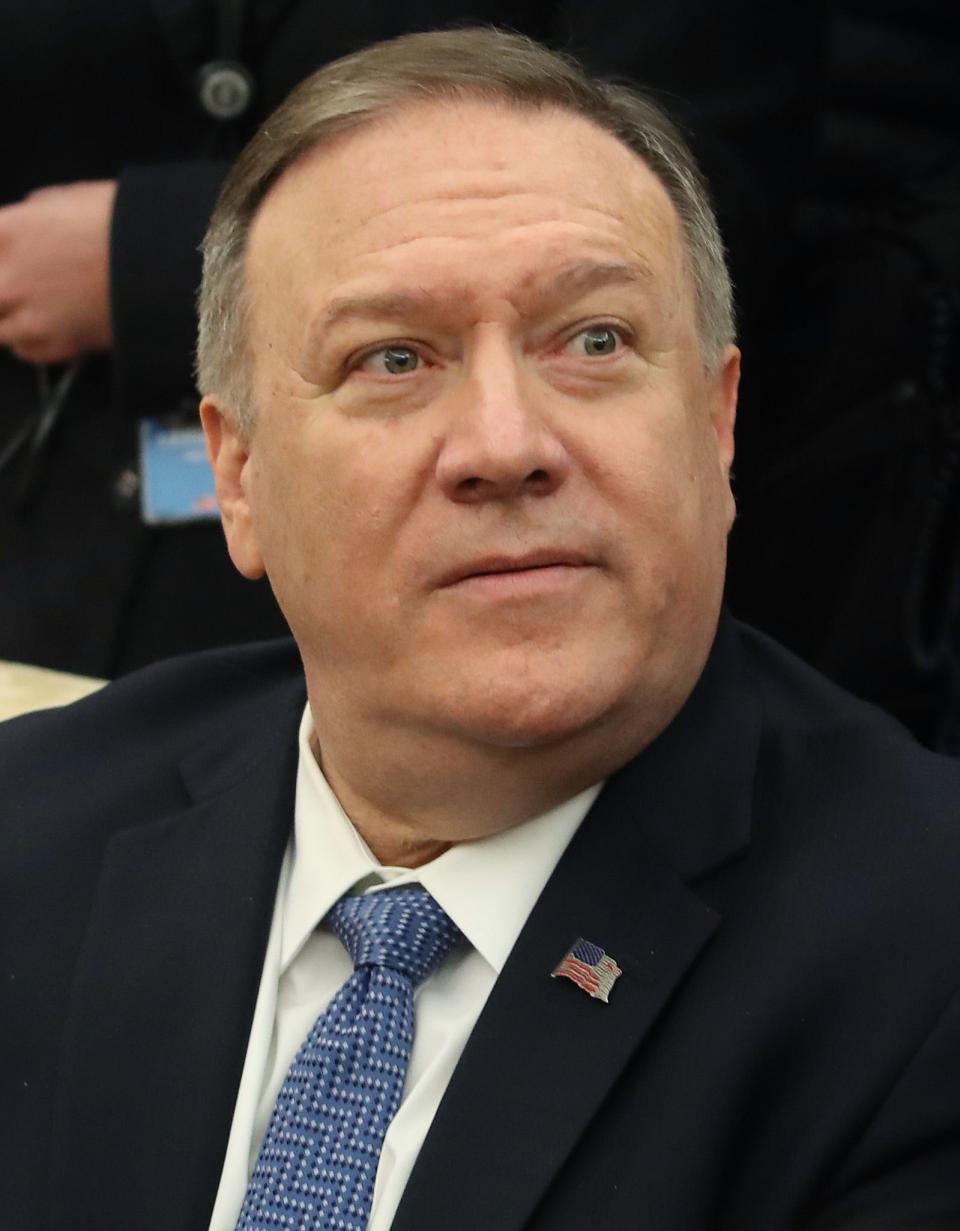 Secretary of State Mike Pompeo attends a meeting in the Oval Office with President Donald Trump and Israeli Prime Minister Benjamin Netanyahu, at the White House on January 27, 2020, in Washington, D.C.