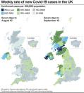 Weekly rate of new Covid-19 cases in the UK