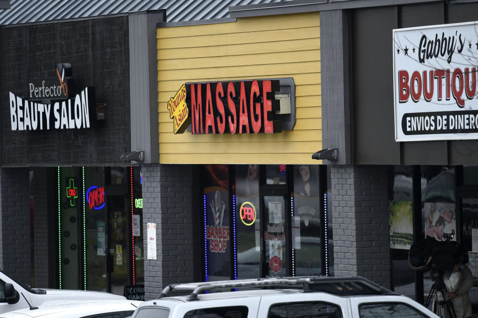 A massage parlor is seen where a multiple fatal shooting occurred on Tuesday, Wednesday, March 17, 2021, in Acworth, Ga. Robert Aaron Long, a white man, is accused of killing several people, most of whom were of Asian descent, at massage parlors in the Atlanta area. (AP Photo/Mike Stewart)