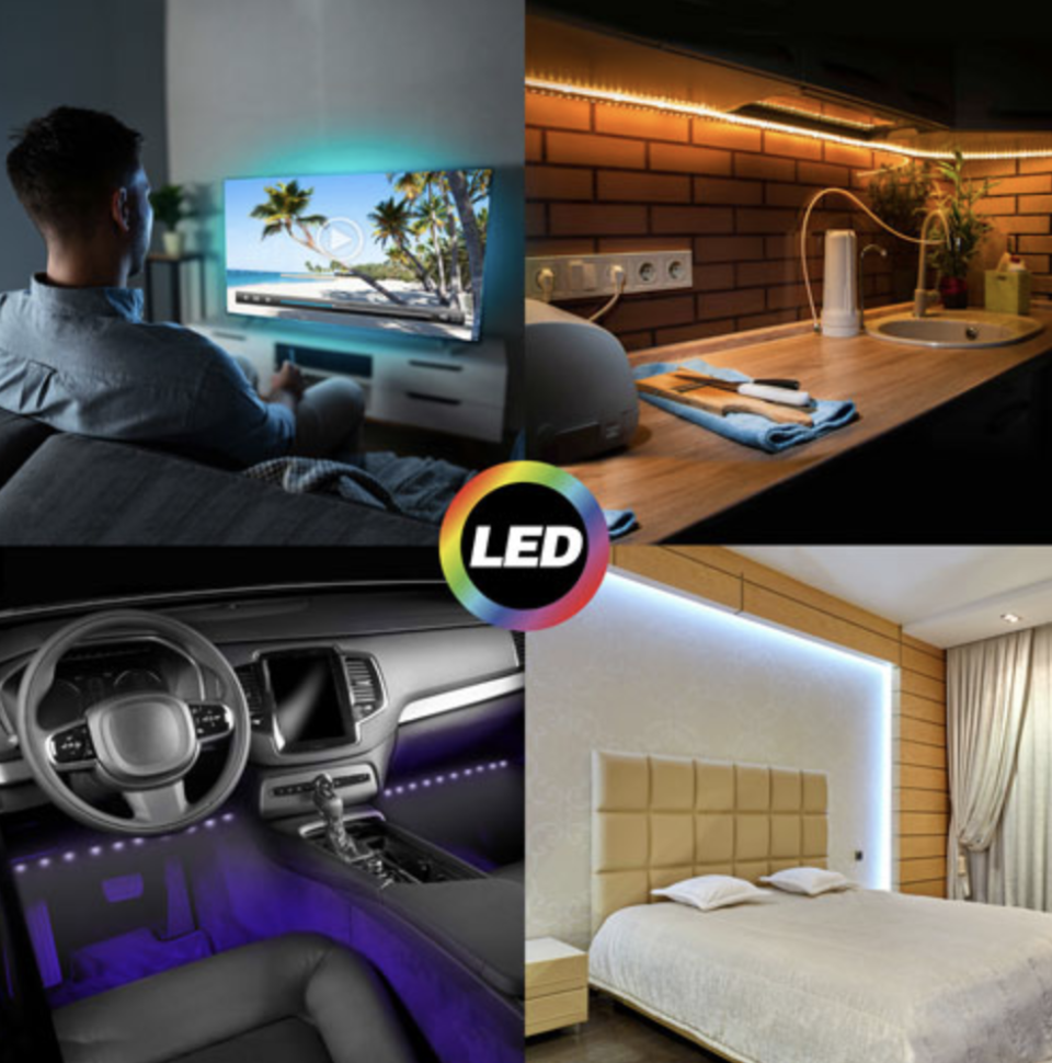 smart led light strips on inside of car, surrounding bed, underneath kitchen cabinets and around computer