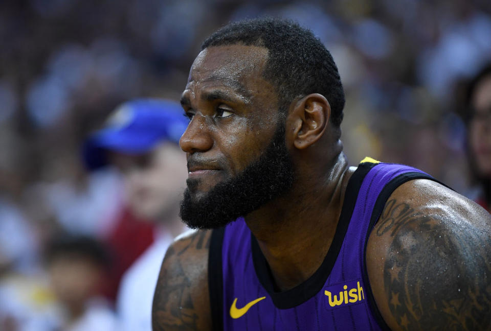 LeBron James left Tuesday’s game against the Warriors with a left groin strain that will leave him sidelined on Thursday. (Getty Images)