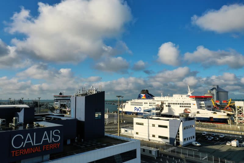 FILE PHOTO: An aerial view of Calais Ferry Terminal and the harbour of Calais