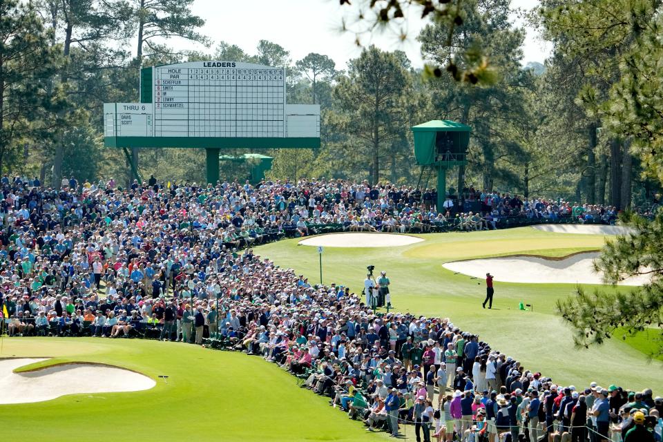 Apr 10, 2022; Augusta, Georgia, USA; Tiger Woods hits from the no. 3 tee during the final round of the Masters Tournament at Augusta National Golf Club. Mandatory Credit: Adam Cairns-Columbus Dispatch/USA TODAY Sports
