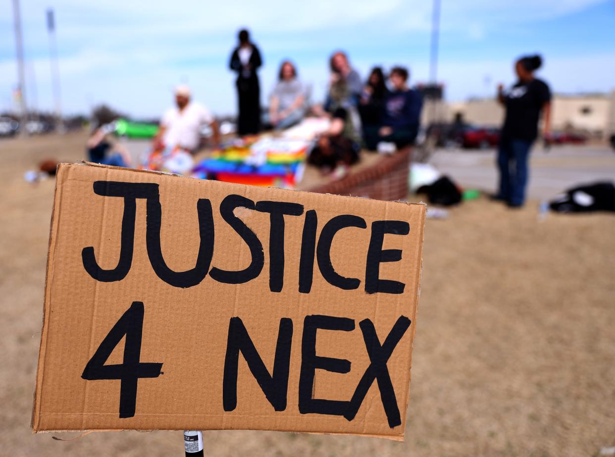 Students hold a demonstration at Owasso High School in honor of Nex Benedict in February, calling on school and state officials to better protect LGBTQ+ students.