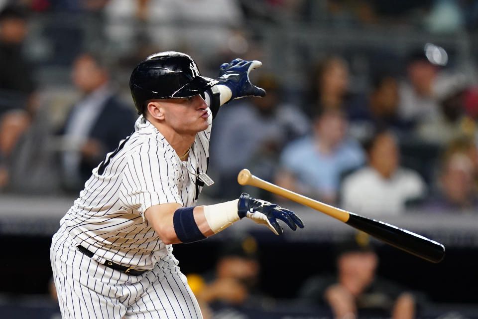New York Yankees' Josh Donaldson drops his bat after hitting an RBI double during the fifth inning of the team's baseball game against the Pittsburgh Pirates on Wednesday, Sept. 21, 2022, in New York. (AP Photo/Frank Franklin II)