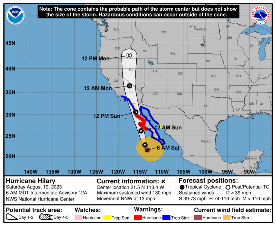 This Aug. 19 graphic from the National Weather Service shows an updated path of Hurricane Hilary.