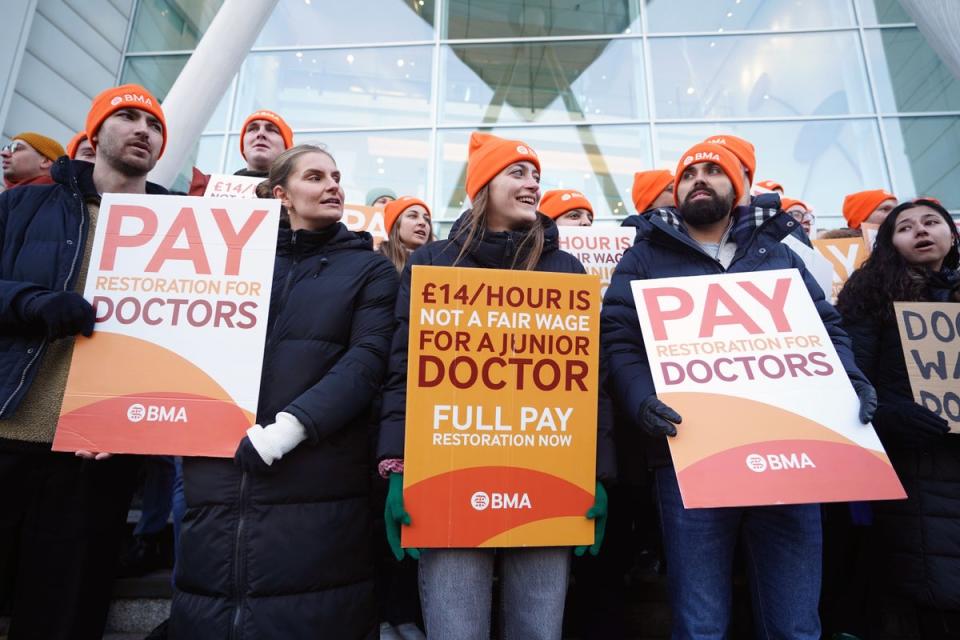 Junior doctors who are members of the British Medical Association on the picket line in London (PA Wire)