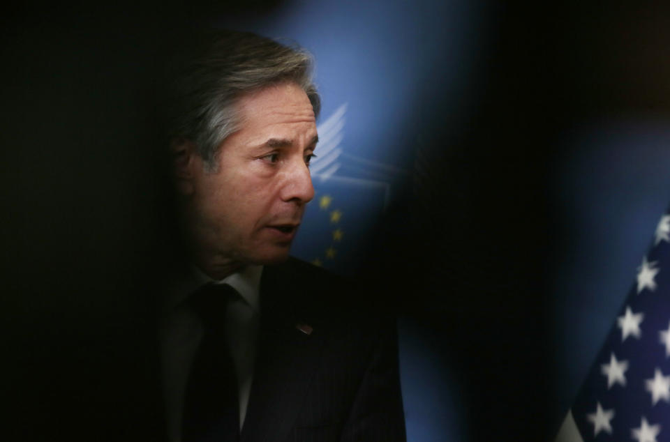 U.S. Secretary of State Antony Blinken addresses a media conference with European Commission President Ursula von der Leyen at EU headquarters in Brussels on Wednesday, March 24, 2021. (AP Photo/Virginia Mayo, Pool)