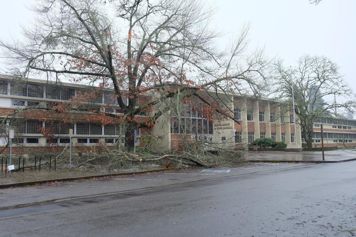 Branches litter Church Street SE in front of South Salem High School following the 2021 ice storm that struck the central Willamette Valley.
