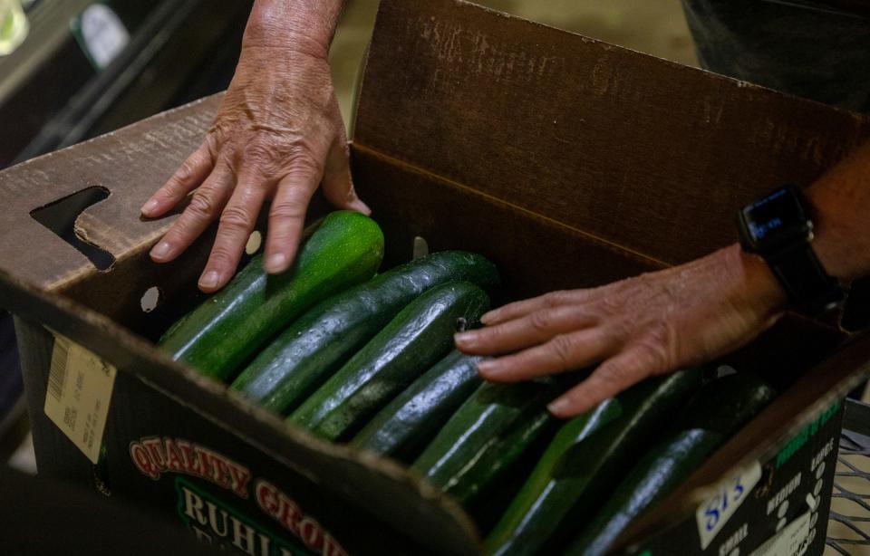 Tammy Diedrich, manager and co-owner of the Farm Fresh Market at Ruhlig Farms & Gardens, opens a box of zucchini inside her market in Brownstown on Thursday, Aug. 3, 2023.