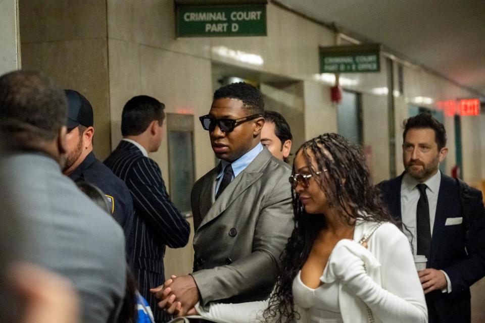 PHOTO: In this Aug. 3, 2023, file photo, Jonathan Majors, and his girlfriend, Meagan Good, arrive to Manhattan Criminal Court for his pre-trial hearing in New York. (Alexi Rosenfeld/Getty Images, FILE)