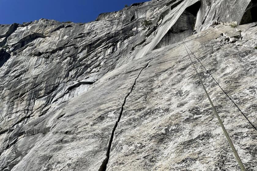 This photo provided by the NPS shows a new crack on the western side of the Royal Arches formation in Yosemite National Park