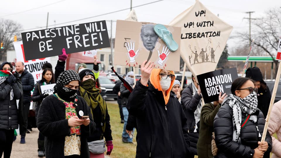 Pro-Palestinian demonstrators gather in Warren, Michigan, on February 1, 2024, outside the venue where President Joe Biden was speaking. - Jeff Kowalsky/AFP/Getty Images