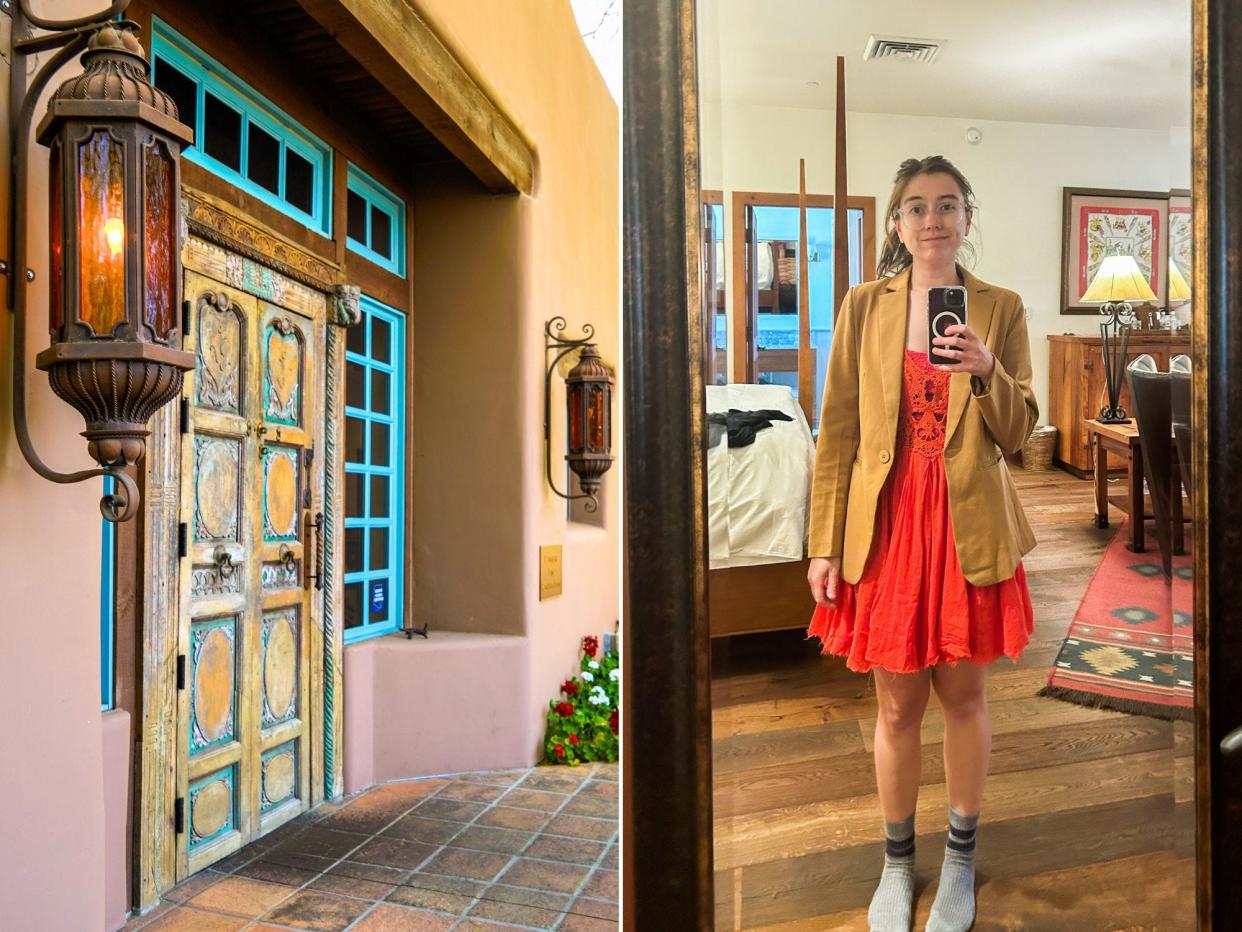 Two side-by-side images. Left: An adobe building on the left and a garden path on the right at Hermosa Inn. Right: The author in a red dress and tan blazer takes a selfie in front of a mirror