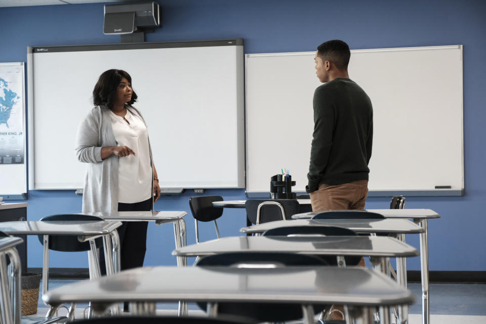 This image released by Neon shows Octavia Spencer, left, and Kelvin Harrison Jr. in a scene from "Luce." (Jon Pack/Neon via AP)